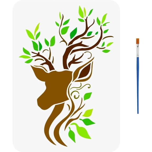 Deer Painting Template with Brush 11.6x8.2inch Painting Template of Deer and Vines Deer Head Stencils Animal Painting Stencils Reusable DIY Art Craft Stencil for Home Wall Decor