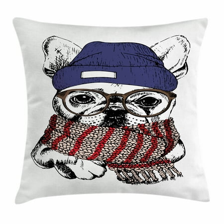 Dog Days Of Winter Pillows Bulldog Throw Pillow Cushion Cover, Hand Drawn Style Portrait of Cozy Winter Dog Wearing a Scarf Beanie and Glasses, Decorative Square Accent Pillow Case, 16 X 16 Inches, Multicolor, by Ambesonne ()