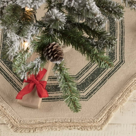 Green Tree Skirt Antique Creme Green White Farmhouse Christmas Decor Vintage Burlap Stripe Cotton Stenciled Rope Cotton Burlap Striped 21