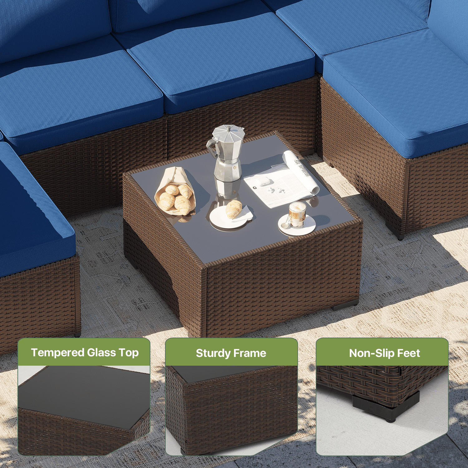 BaPiPro 7‑Piece Modular All‑Weather Patio Furniture Set, Brown Rattan Wicker Outdoor Sectional Sofa with Thickened Navy Blue Cushions & Tempered Glass Coffee Table for Backyard Porch Deck Balcony