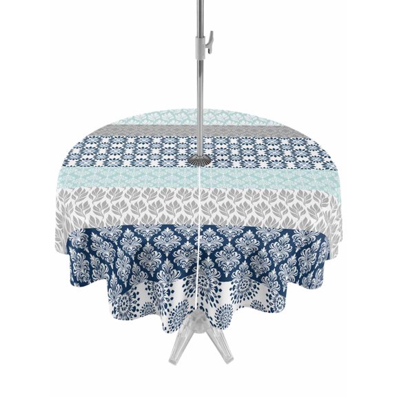 Outdoor Tablecloth with Umbrella Hole, Boho Blue Aqua Spillproof Waterproof Outdoor Table Cover, Geometric Stripes Tribal Bohemia Retro Patio Tablecloths for Party/Garden/Picnic, Round 60 inch