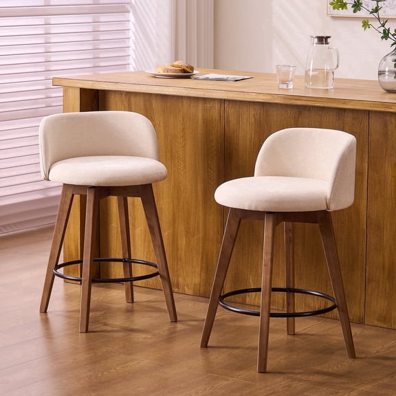 EYYTHUNG 26" Counter Height Bar Stools Set of 2 Mid Century Modern Farmhouse Swivel Barstools Chenille Fabric Upholstered Bar Height Island Chairs with Curved Backrest, Brown/Beige