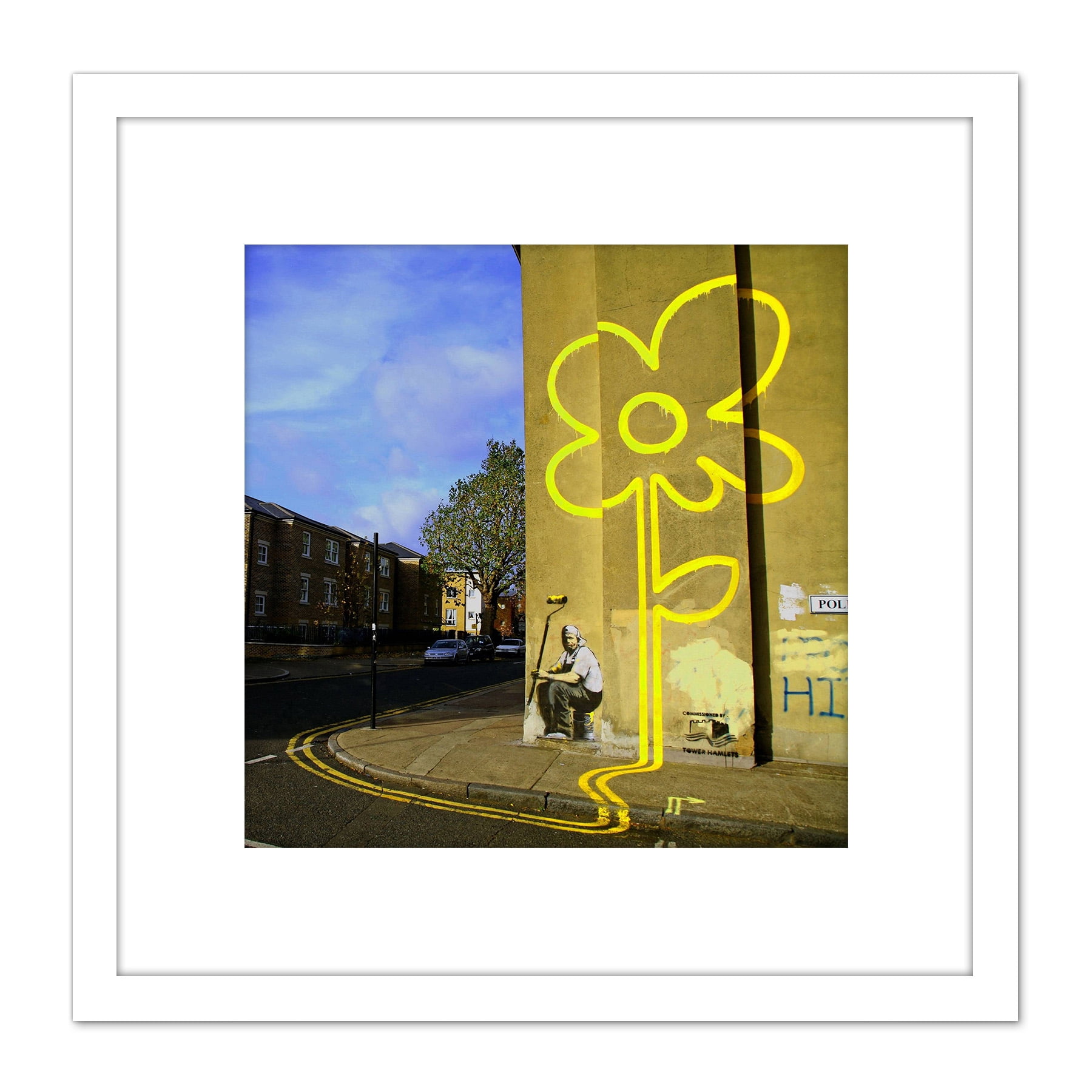 Banksy Yellow Lines Flower Painter Street 8X8 Inch Square Wooden Framed