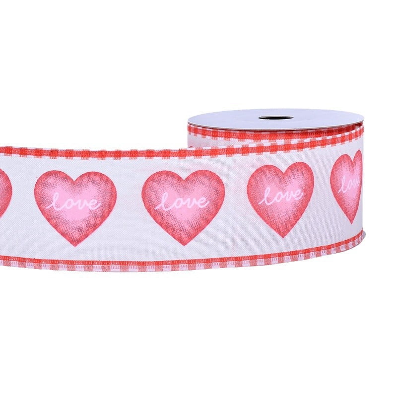 3 Rolls Valentine's Day Red Heart Ribbon, Each 2.5" X 10 Yard, Wired Heart Pattern Packaging Tape for Wreath Bow Wrapping Gifts & Party Supplies, Wedding Decorations