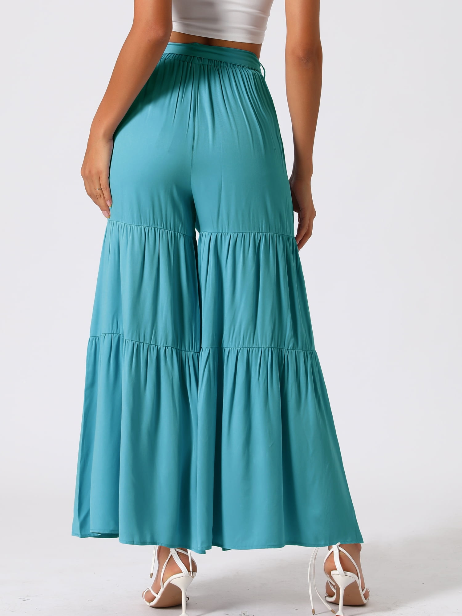 DARING DIVA Women's Boho Elastic High Tie Belt Ruffle Hem Palazzo Pants S Lake Blue