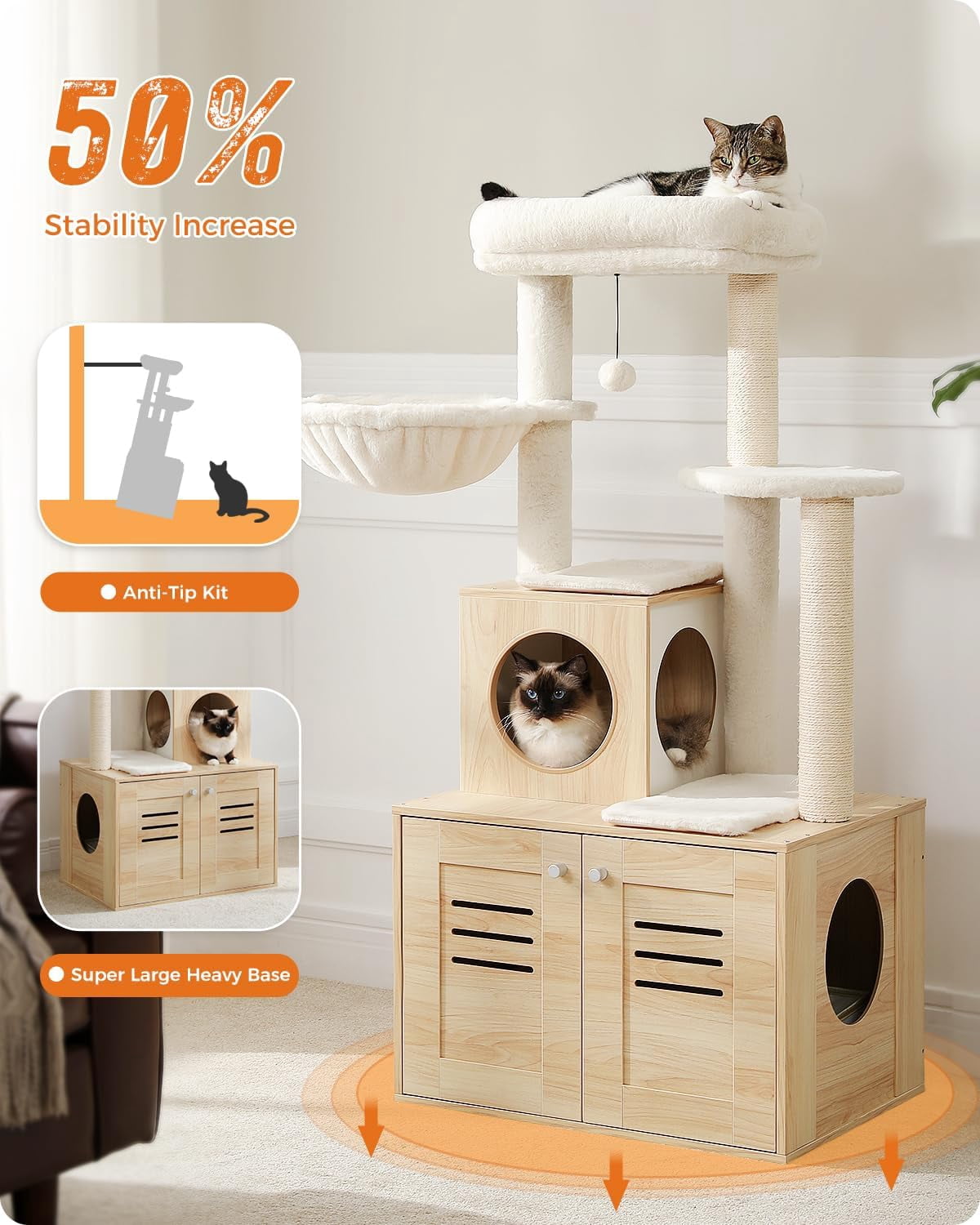 Cat Tree with Litter Box Enclosure, 50" Modern Cat Tree for Large/Fat Cats with Cat Condo, Wooden Cat Furniture with Large Hammock and Top Perch, Beige