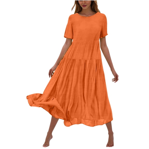 DeHolifer Women's Summer Dress Midi Casual Crewneck Short Sleeve Dresses Loose Trendy Ruffle Tiered Flowy Boho Beach Dress Orange S