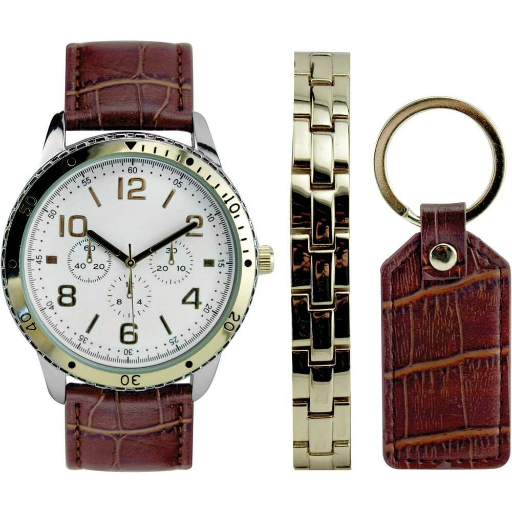 Men's Gold and Brown Croco Watch Set with Bracelet and Key Chain