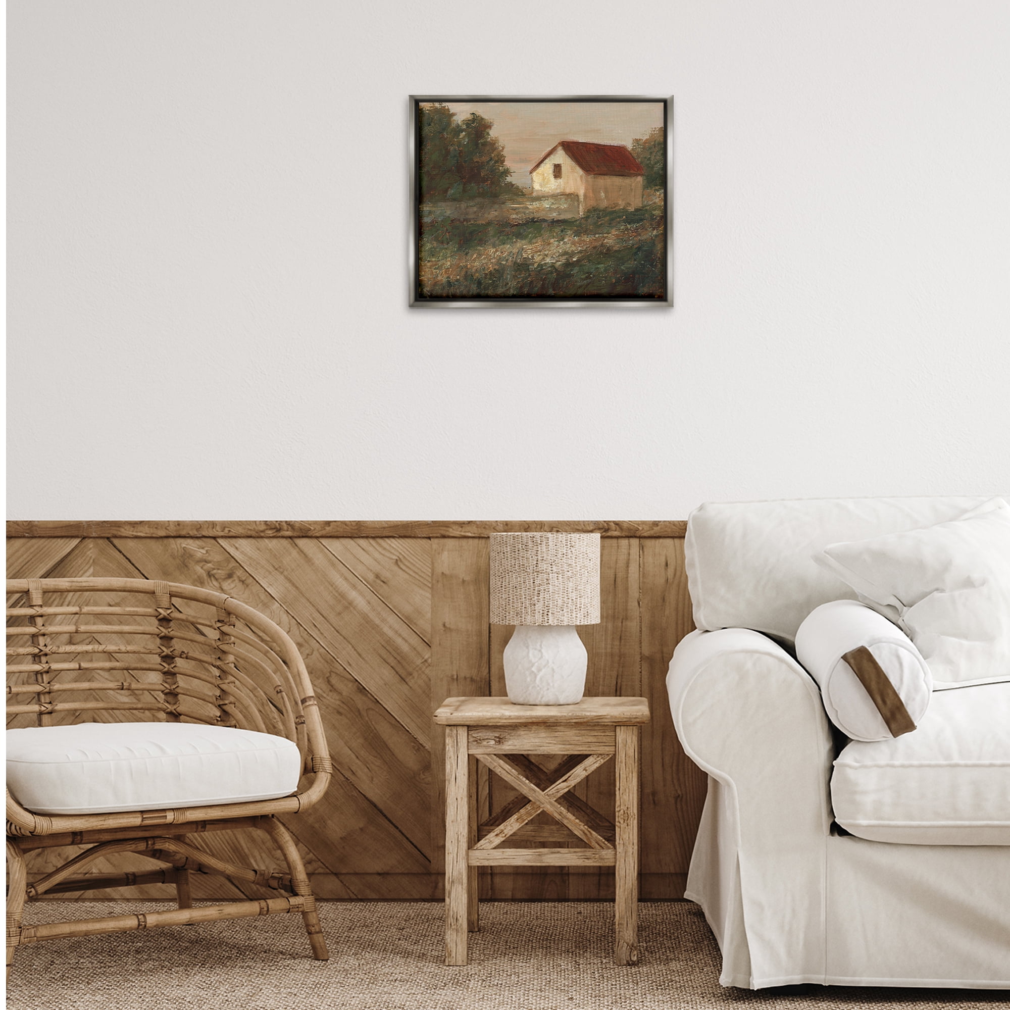 Stupell Industries Traditional Red Roof Cottage Landscape & Nature Painting Gray Floater Framed Canvas Art Print Wall Art, 21 x 17