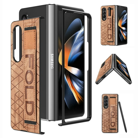 ELehold PU Leather Hand Strap Pen Slot Case for Samsung Galaxy Z Fold 4, Slim Lightweight Rugged with Shockproof Folio Anti-Fingerprint Glossy Non-Slip Phone Cover,Brown