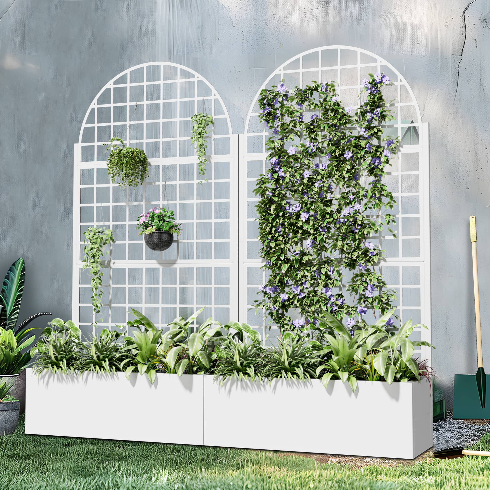 MAYEERTY 71" x 35" Metal Raised Garden Bed with Trellis Planter Box for Climbing Plants, White