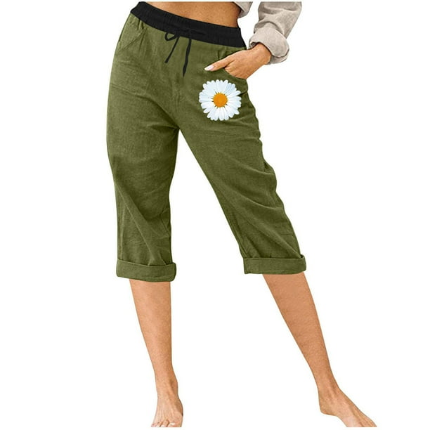 Pantalones Elásticos de Cintura para Mujeres Capris de Salida Casual Sólido con Bolsillos, Capris de Mujer para el Verano