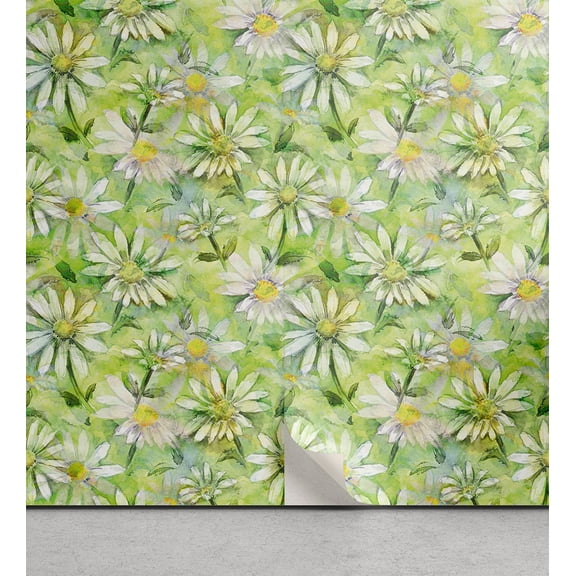 Ambesonne Daisy Peel & Stick Wallpaper for Home, Chamomile Meadow Watercolor, 13"x100", Pastel Green Yellow