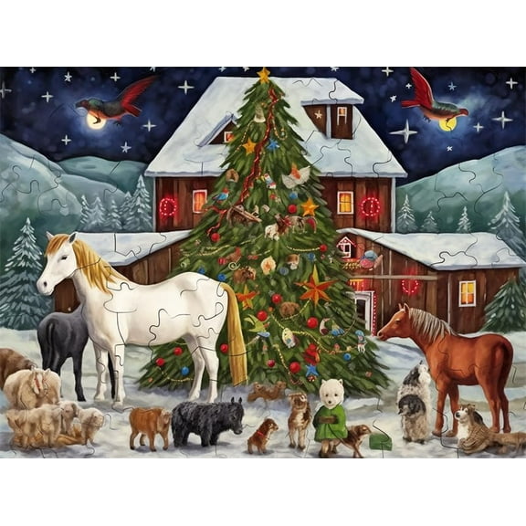 Puzzles For Adults 500 Pieces Christmas In The Farm Glitter Animal Holiday Winter Tree Horse Cow Wooden Educational Training Decompression Difficult  Jigsaw Puzzle Funny Wall Art Gift