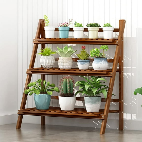 3-Shelf Flower Stand Plant Display for Indoors and Outdoors, Foldable Plant Stand, Portable Flower Display Rack for Garden, Bamboo,Brown