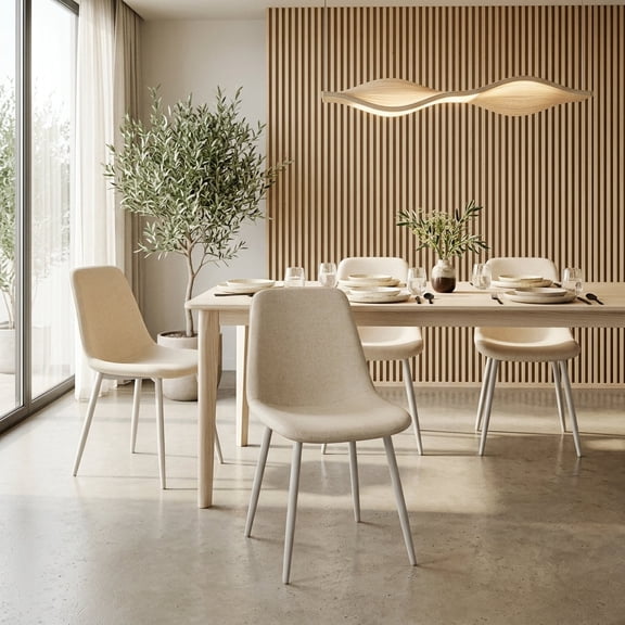 VECELO Linen Fabric Dining Chairs Set of 4, Modern Upholstered Side Chairs with White Metal Legs, Armless Kitchen Chairs for Living Room, Kitchen and Dining Room, Beige