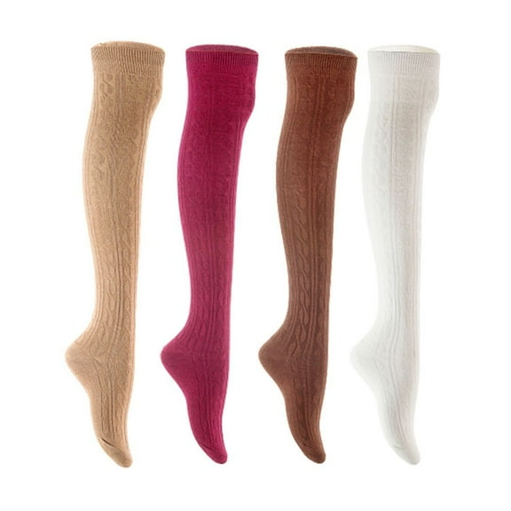 Lian LifeStyle Women's 4 Pair Adorable Comfortable Soft Thigh High Over Knee High Cotton Socks Size 6-9 L1024 Beige,Wine,Coffee,White