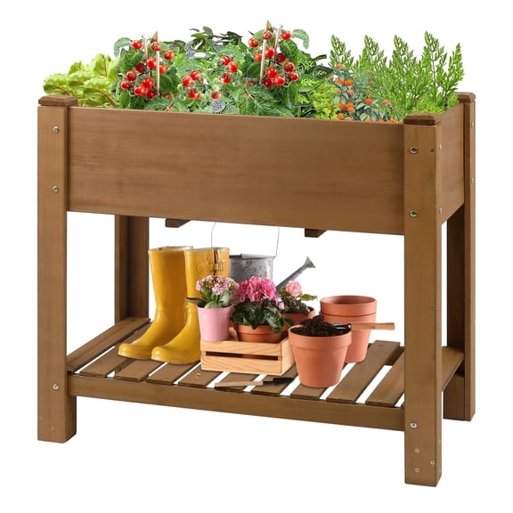 PETSCOSSET Elevated Planter Box with Storage Shelf, Solid Wood, Drainage Holes, 33.5" x 18" x 30"