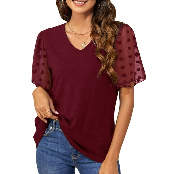 Blusa de manga corta con cuello en V y lunares, para mujer, con cuello en V y lunares, camisa de manga acampanada con cuello en V para verano, Top de manga corta para mujer de negocios, rendimiento finamente ajustado