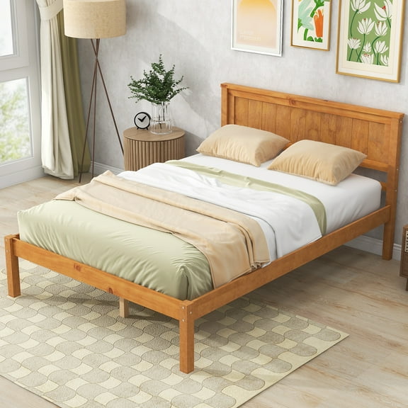 OYang Full Size Platform Bed Frame with Headboard, Wood Slat Support Wood Platform Bed, No Box Spring Needed for Bedroom 79.5x57.2x36.1 In