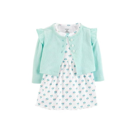 

Grianlook Baby A Line Floral Print Dress Set Crew Neck With Pockets Cardigan + Dresses Holiday Ruffled Autumn Outfits Mint Green White 24M/85cm