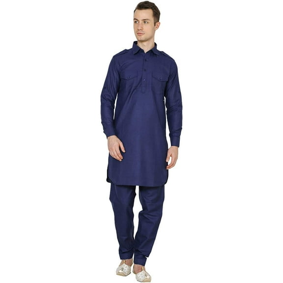 Royal Kurta Mens Linen Classic Collar Pathani Suit Blue