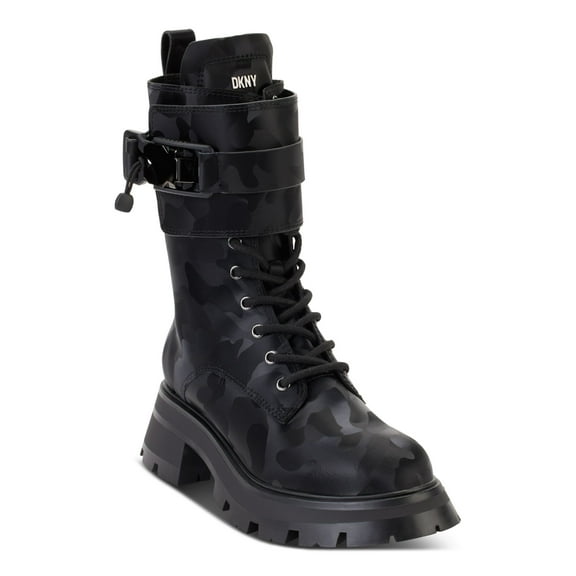 DKNY Womens Black 1-1/2" Platform Buckle Accent Sava Round Toe Block Heel Zip-Up Leather Combat Boots 8 M