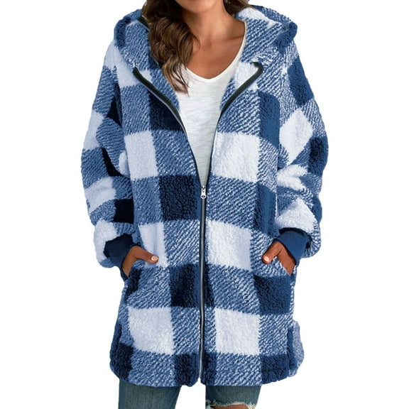NAZISHW Womens Sherpa Plaid Shacket Hooded Fleece Jacket Fuzzy Open Front Cardigan with Pockets Button Down Outerwear (Blue,S)