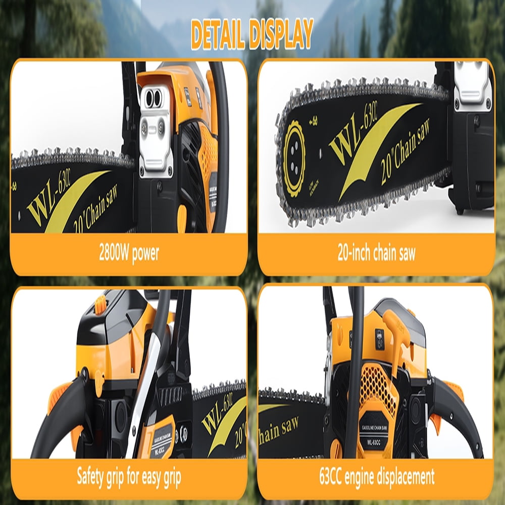 Bremoi 63CC 20-Inch Gas Powered Chainsaw, 2-Stroke Chain Saw with Anti-Vibration Non-Slip Handle,Heavy Duty Gas Chain Saw Automatic Oiler Quick Start for Tree Felling, Logging,Firewood Cutting