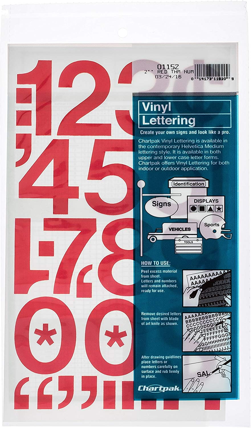 Chartpak SelfAdhesive Vinyl Numbers, 2 Inches High, Red, (01152) PACK OF 12