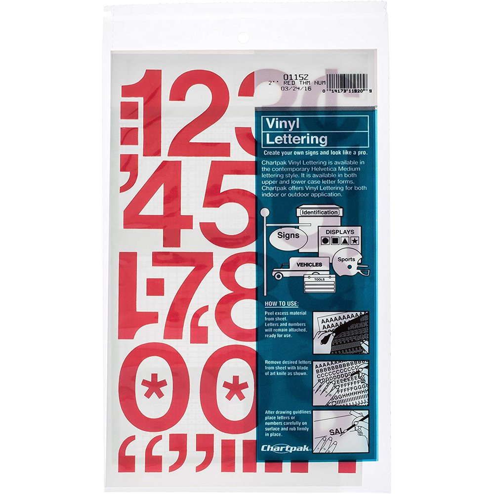 Chartpak SelfAdhesive Vinyl Numbers, 2 Inches High, Red, (01152