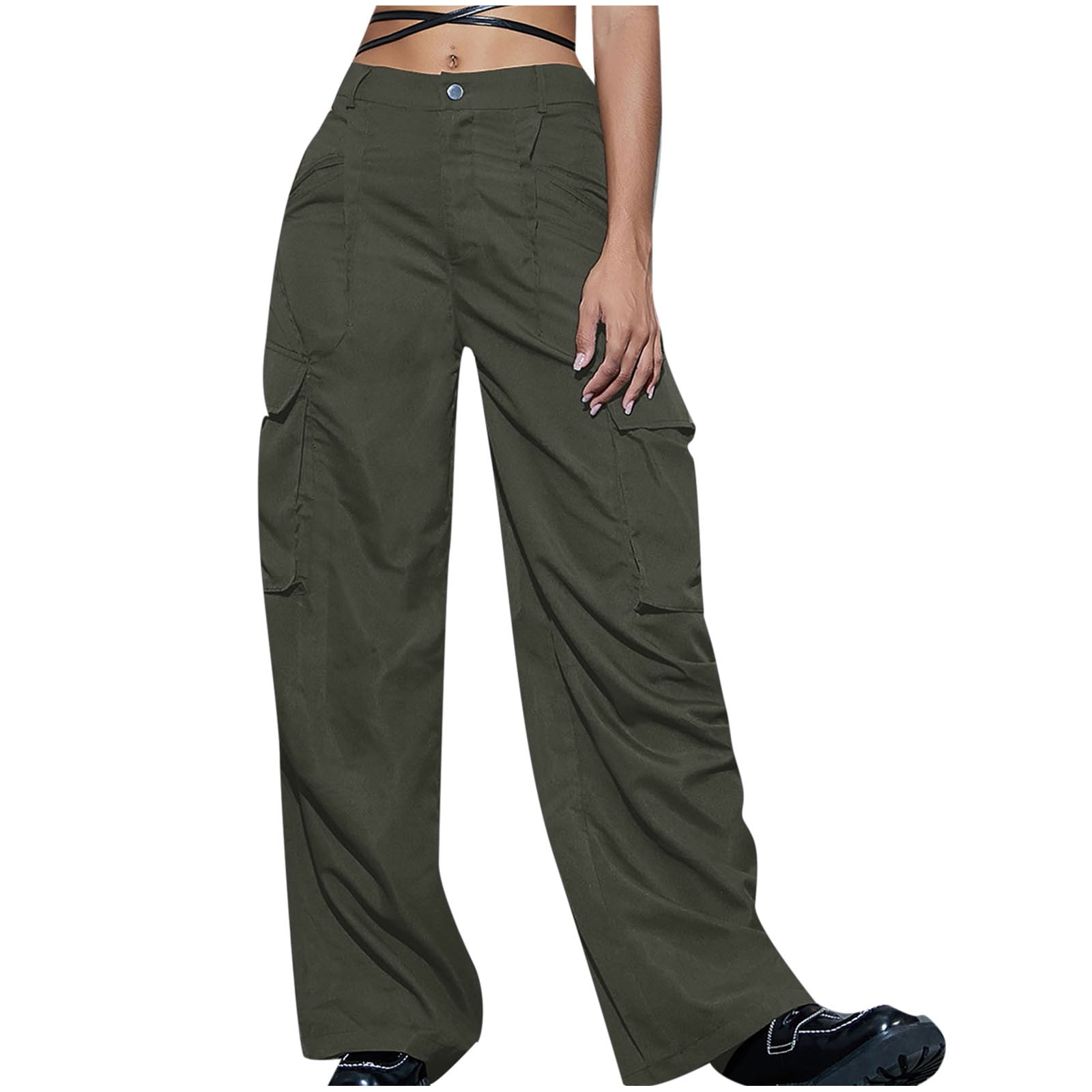 YWDJ Womens Black Cargo Pants Y2K With Pockets Low Rise Workout