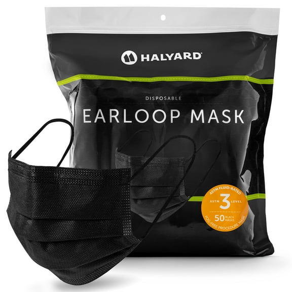 HALYARD Disposable Face Mask with Earloops, Fog-Free, Pleat Style, ASTM LEVEL 3 Procedure Mask, Healthcare, Medical, Dental – Black 49514 Bag of 50
