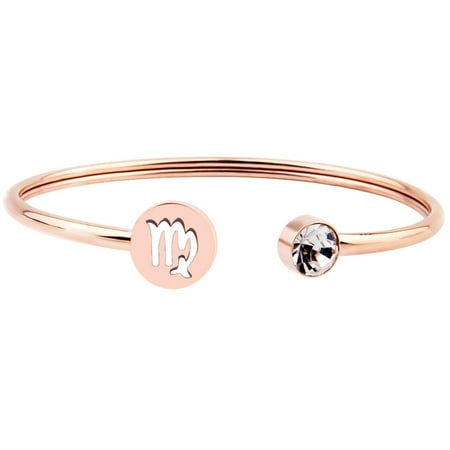 Simple Rose Gold Zodiac Sign Cuff Bracelet with Birthstone Birthday Gift for Women Girls (Virgo)