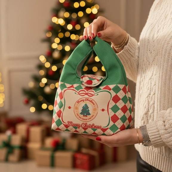 Taicans 2025 Christmas Gift Box - Reusable Canvas Tote Bag,10.2x7x4in,Red/Green Plaid,Merry Christmas Tree & Bow Print,Perfect for Holiday Gifts,Shopping,Storage