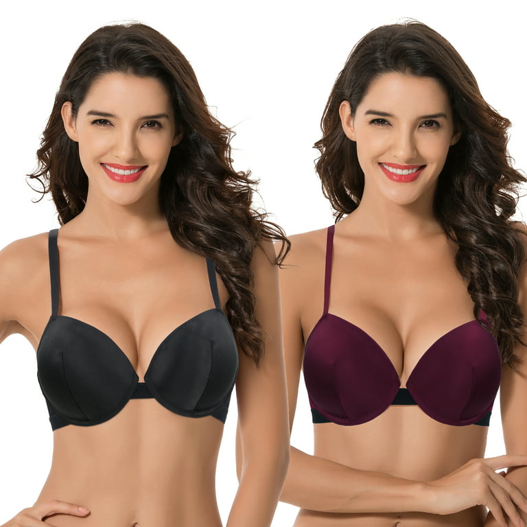 Curve Muse Women's Plus Size Add 1 and a half Cup Push Up Underwire Lace  Bras -2PK-BURGUNDY,BLACK-36B 
