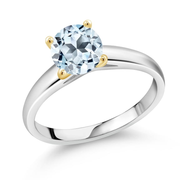 Gem Stone King 1.70 Ct 7mm Round Sky Blue Topaz 10K White and Yellow Gold Ring Ring (Size 9)