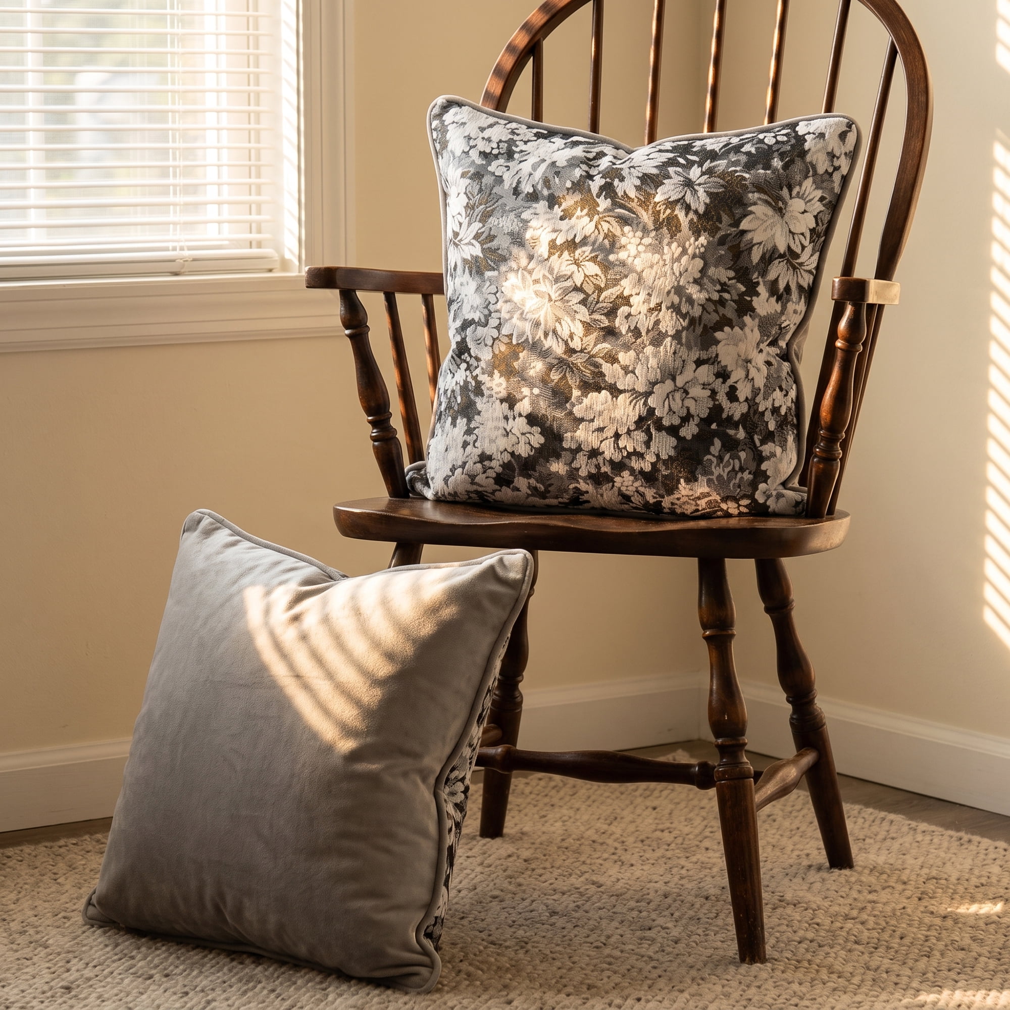 Unique Bargains Floral Throw Pillow Cover with Piped Edge Decor Cushion Case Grey 18"x18"