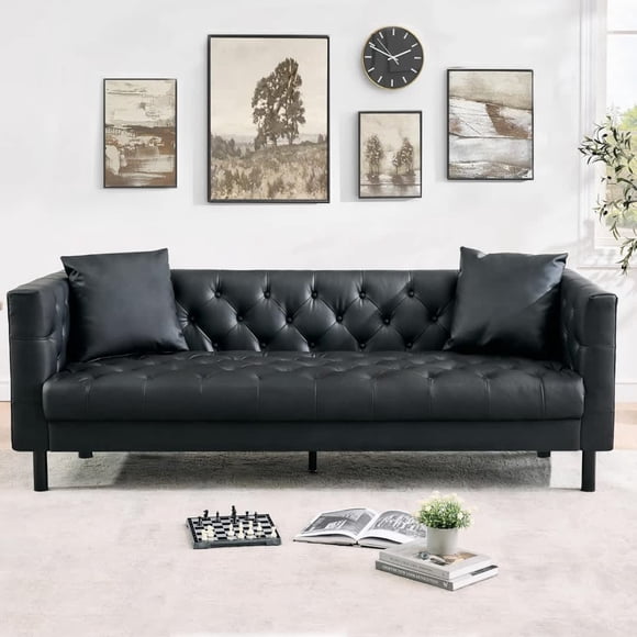 Bingirl Mid Century Modern Leather Sofa Chesterfield Style Deep Seats Includes 2 Pillows 3 Seater Button Tufted for Living Room Apartment Office