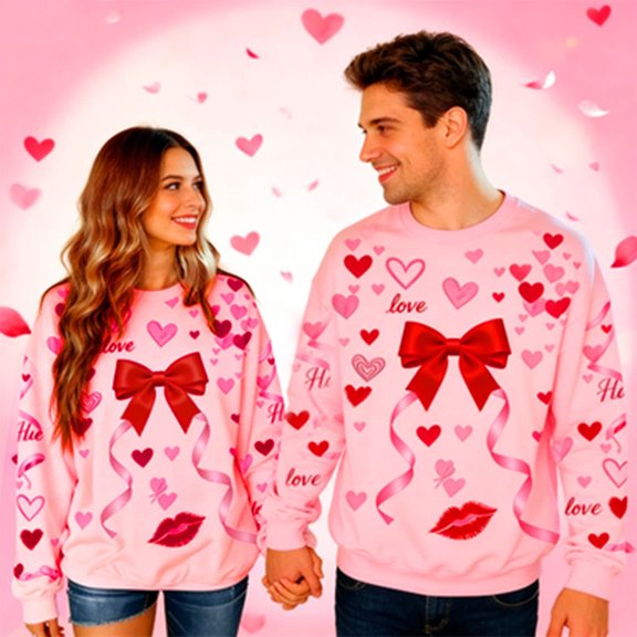 Womens Mens Valentines Day Sweatshirts Couple Bow Shirts Pullover Valentine Boyfriend Girlfriend Matching Tops, 2XL Pink