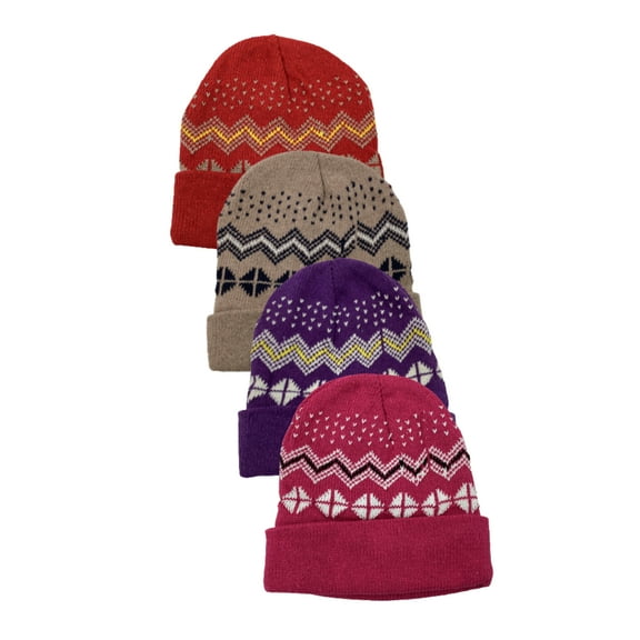 4 Pack Women's Thermal Fleece Lined Winter Insulated Cuff Beanie Hat (Style 1)