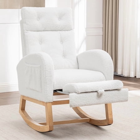 Nursery Rocking Chair with Retractable Footrest, Teddy Fleece Glider Recliner Chair with High Backrest, Side Pocket and Silent Wood Base for Nursery, Living Room and Bedroom, White