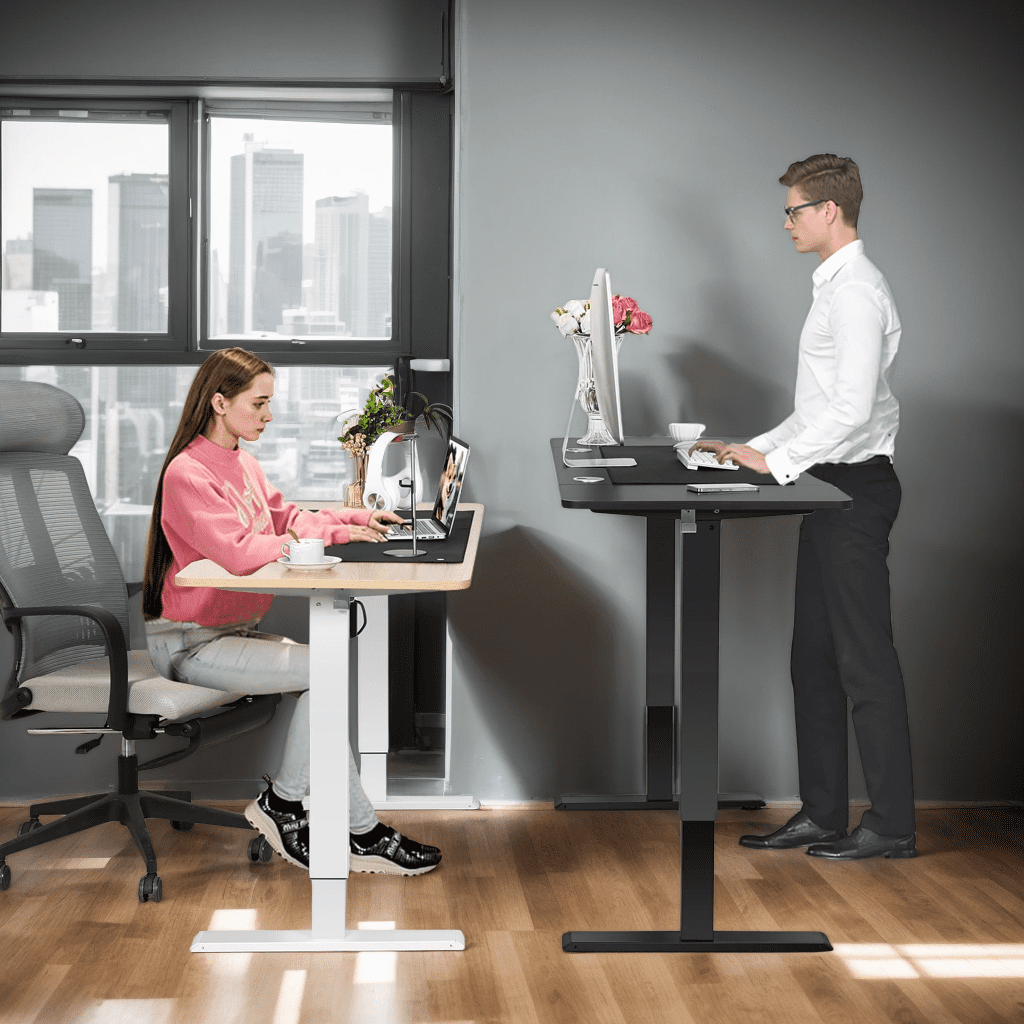 Legooin 48x24 Standing Desk Wooden Office Desk with Alloy Steel Frame, Stand-up Desk with Headphone Hooks, 4 Memory Height Buttons, Oak