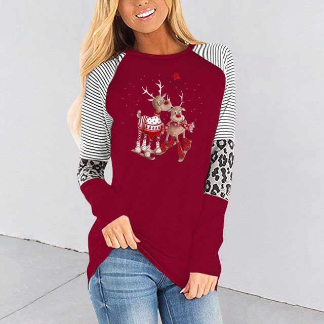 Pntutb Blusa de manga larga con estampado de moda para mujer Blusa de cuello redondo con rayas Casual tops Pntutb Pntutb-2570