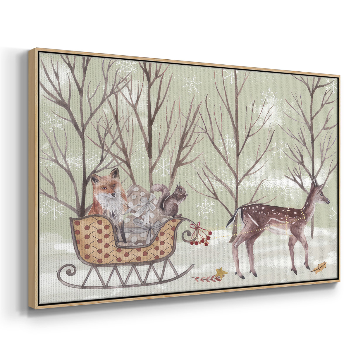 Christmas Time I - Framed Gallery Wrapped Holiday Canvas - 27 x 41 - Natural Wood Frame