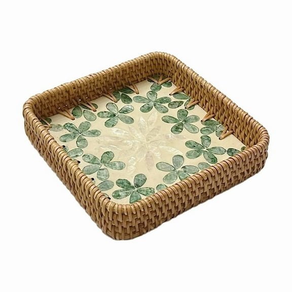 Handmade Rattan Shell Round Tray Colorful Storage Tray Bread Fruit Basket Elegant Coffee Table Tray,Lucky,Small