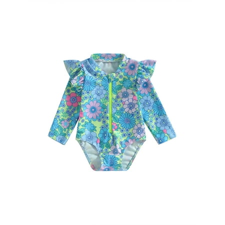 

jaweiwi Infant Toddler Baby Girls Rash Guard Swimsuit 6M 9M 12M 18M 24M 2T 3T Floral Print Zipper Long Fly Sleeve Sun Protection One Piece Bathing Suit Romper Swimwear