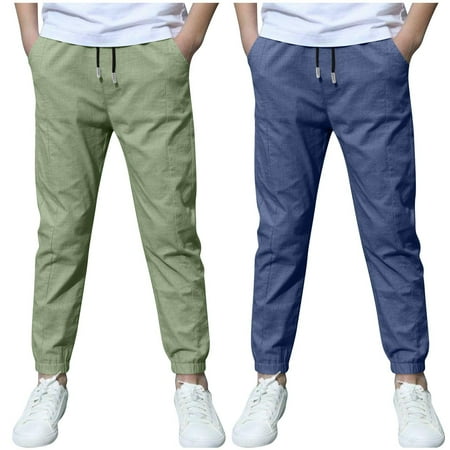 ZACPNCV 2 Pack Boys Linen Pants Summer Chino Pants Drawstring Trousers Lightweight Athletic Pant Casual Pant School Uniform Dark Gray 9-10 Years