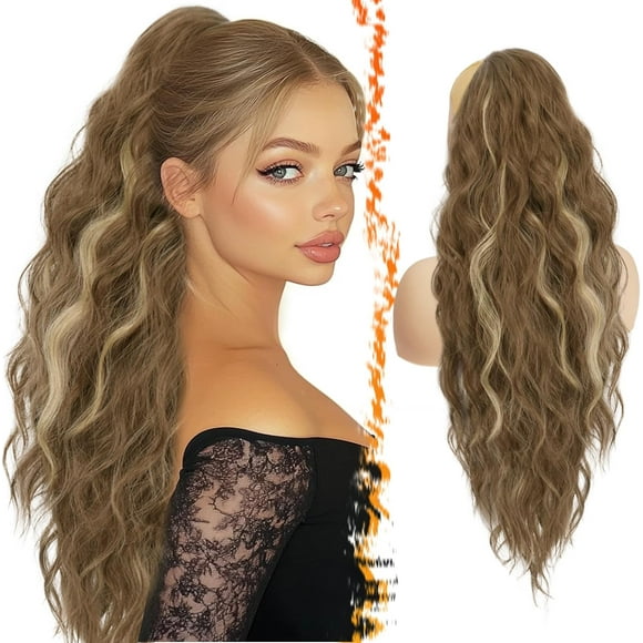 shiyou-Drawstring Ponytail Extensions - 26 Inch Long Curly Wavy Highlight Drawstring Ponytail Hair Extensions for Women, Synthetic Clip in Pony Tails Hairpieces - Ash Brown with Highlights