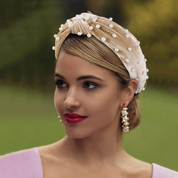 GZWYHT Headbands for Women,Hair Accessories Knotted Nail Pearl Headband Retro Middle Knot Velvet Headband Hair Accessory Hair Bands,Hair Ties,Workout Headbands Beige
